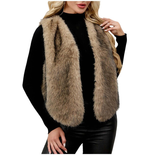 Γυναικείο Γιλέκο από Ψεύτικη Γούνα με V-Neck, Μονόχρωμο, Χειμερινό Ζεστό Πανωφόρι 1