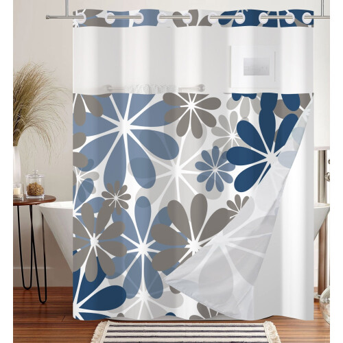 Κουρτίνα μπάνιου από ύφασμα, μπλε-γκρι με λουλούδια και επένδυση χωρίς γάντζους, 1