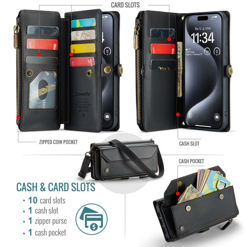 Θήκη πορτοφολιού crossbody για iPhone16 – RFID Blocking, θήκη για 10 κάρτες, μαλακό δέρμα PU, 1
