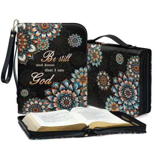 Δερμάτινο εξώφυλλο PU από boho mandala – Be Still & Know I Am God, XL, με αποσπώμενο λουράκι καρπού, 2