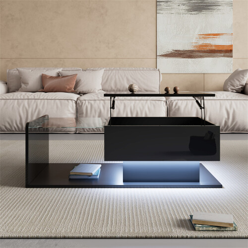 Black High-Gloss LED Coffee Table with Glass Top 2