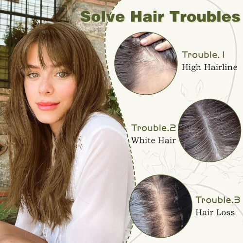 Real Human Hair Topper with Wispy Clip-On Bangs 2
