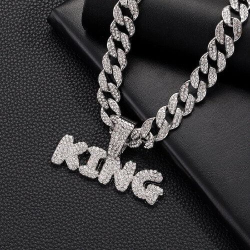 Κολιέ με γράμμα Hip Hop KING και κουβανέζικη αλυσίδα, κρύσταλλο 15 χιλιοστών με 1