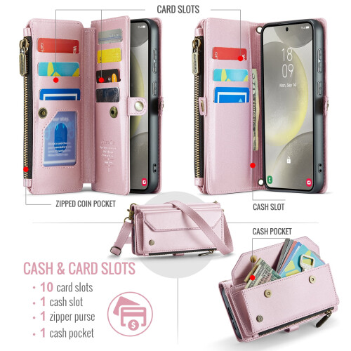 Ροζ θήκη πορτοφολιού crossbody για Samsung Galaxy S24FE5G – RFID Blocking, θήκη για 10 κάρτες, μαλακό 1
