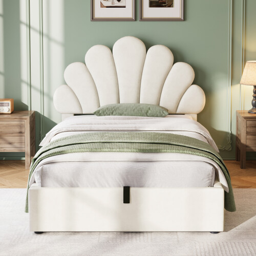 3ft Single Upholstered Hydraulic Bed with Adjustable Chic Petal Headboard 1