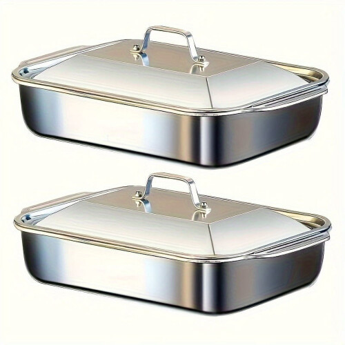 4pcs Stainless Steel Baking Pans Set (2 Deep Dishes + 2 Handle-Lid Rectangular Pans), 6L, 16.14", Dishwasher Safe 1