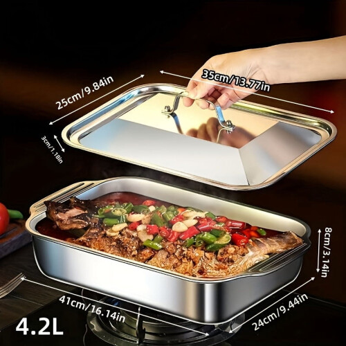 4pcs Stainless Steel Baking Pans Set (2 Deep Dishes + 2 Handle-Lid Rectangular Pans), 6L, 16.14", Dishwasher Safe 2