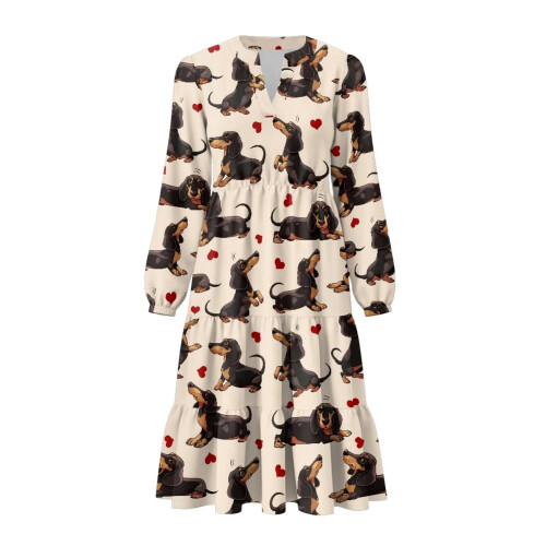 Κομψό φόρεμα Dachshund Midi για γυναίκες, Patchwork, μέση, άνετο, βολάν, πολυεπίπεδο, 1