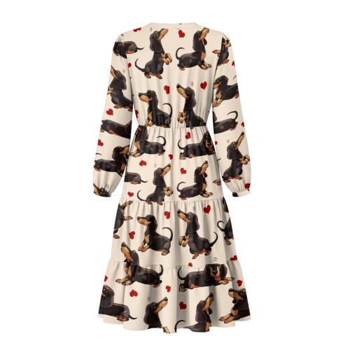 Κομψό φόρεμα Dachshund Midi για γυναίκες, Patchwork, μέση, άνετο, βολάν, πολυεπίπεδο, 2