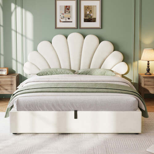 4ft6 Double Upholstered Hydraulic Bed with Adjustable Chic Petal Headboard 1