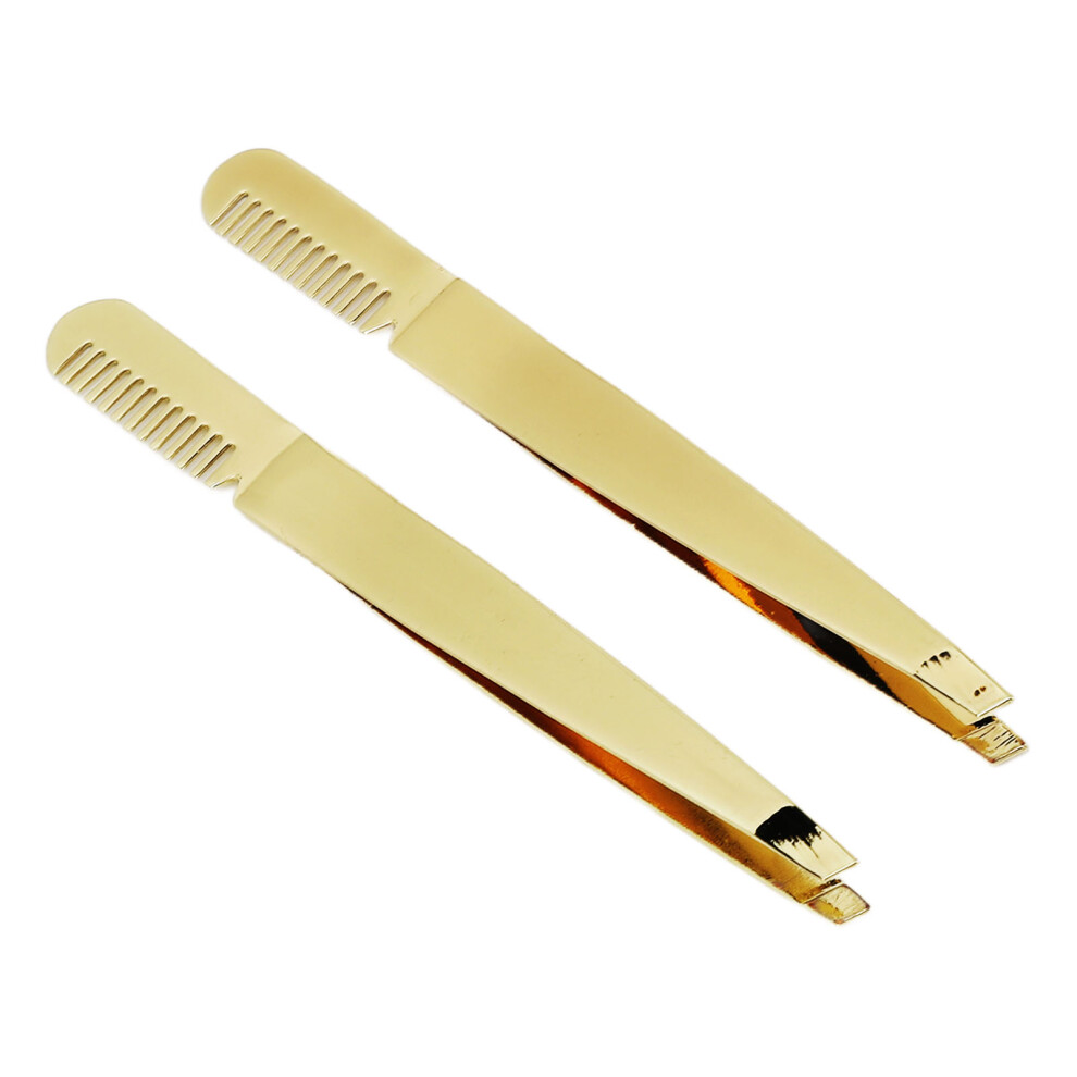 Golden 2Pcs Slant Pointed Tweezer Comb Stainless Steel