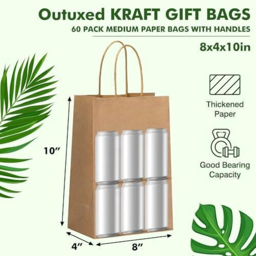 60 Sacolas de Papel Kraft Marrom com Alças, Tamanho 8x4x10 polegadas – Sacolas Médias para Presente/Compras, Ideais para Festas, Casamentos, 1