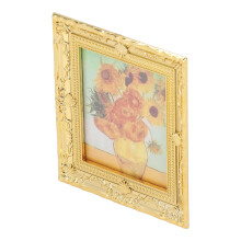 Dipinto d'arte con girasole in miniatura da 1:12 con cornice dorata per casa delle bambole