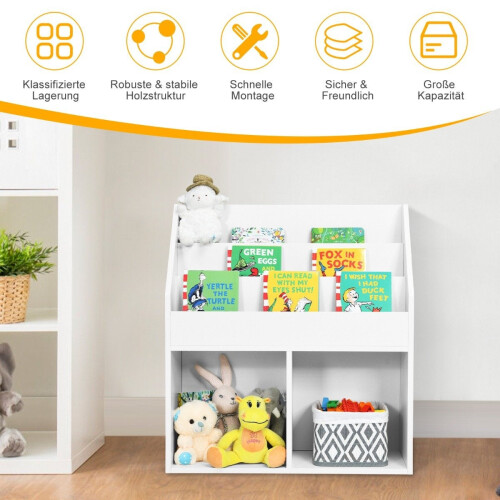 Libreria per bambini in legno con 3 ripiani e 2 ripiani, scaffale per giocattoli bianco 2