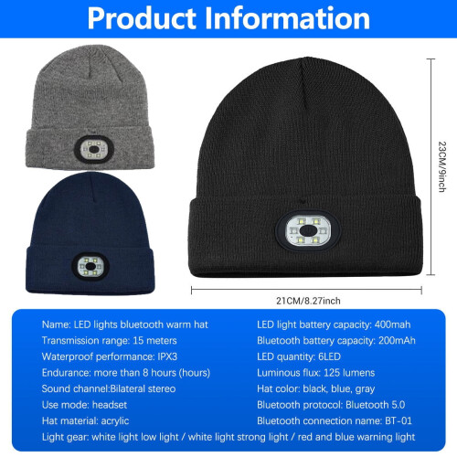 Unisex καπέλο Bluetooth με φακό κεφαλής 6 LED, επαναφορτιζόμενη θύρα USB, ενσωματωμένο ηχείο 2