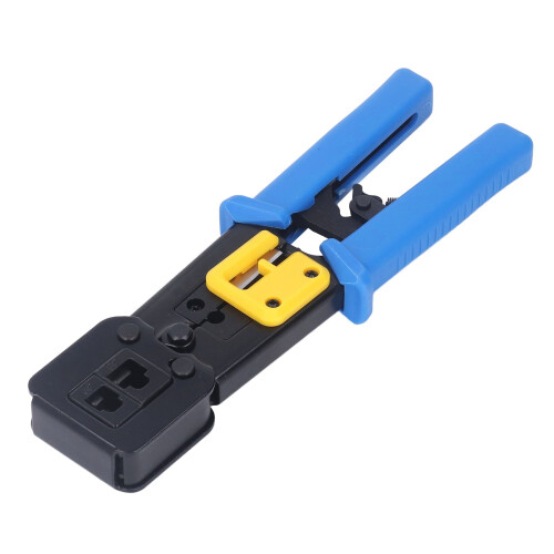 Alicate de crimpagem Ethernet com conectores pass-through e testador de cabos de rede. Funcionalidade versátil. Alicate de crimpagem modular com 1