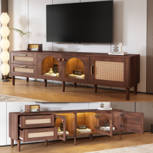 (180 cm, Brown)TV Cabinet for 80-inch TV with 2 Rattan Drawers, 2 Curved Glass Doors & 1 Rattan Door, LED Lighting & Storage