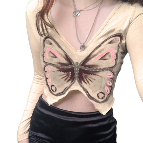 Fairycore Grunge Crop Top Γυναικείο Κοντομάνικο V Λαιμόκοψη Πεταλούδα Καρδιά Γραφική 1