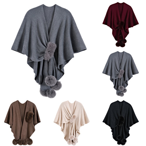 Gebreide dames sjaal/vest/cape met pompons, grijs 2