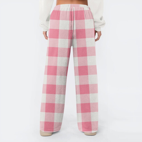 Damen-Fleece-Schlafhose mit Karomuster, elastischem Bund und 2
