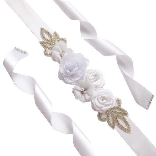 Hvitt sateng brudebelte med blomsterperledetaljer 2