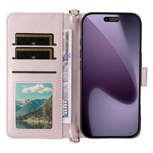 Ροζ θήκη πορτοφολιού από PU δέρμα για iPhone17Pro – Μαγνητική αναδίπλωση, υποδοχές 2