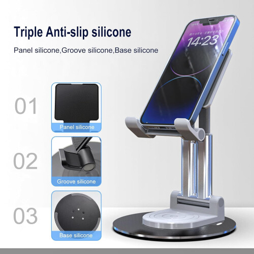 360 Rotating Desk Phone Holder – Foldable, Adjustable Angle/Height Stand for iPhone, Switch, Tablets 4.6–12.9", Black; compatible with iPhone, 1