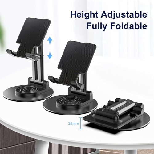 360 Rotating Desk Phone Holder – Foldable, Adjustable Angle/Height Stand for iPhone, Switch, Tablets 4.6–12.9", Black; compatible with iPhone, 2