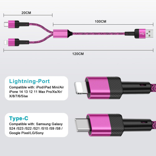 Καλώδιο USB-C 3 τεμαχίων 4FT2 σε 1: Συμβατό με iPhone, Android και Samsung, Πλεγμένο από νάιλον, 2