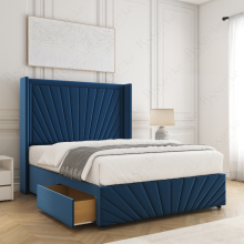 (Blue, 4ft Small Double (with Mattress))) Nola 54” Winged Divan Double Bed Base Plush Velvet Built-in 2 Drawers