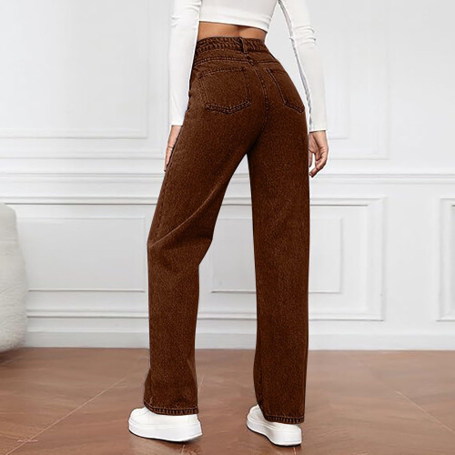 Calça jeans feminina de cintura alta e perna reta, com tecido elástico. 2