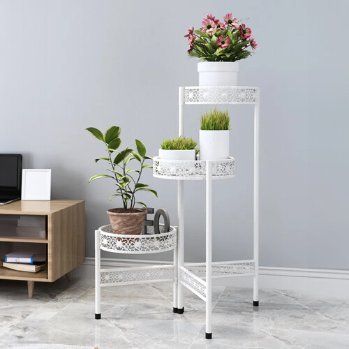 Living And Home (White, 3-Tier) Minimalist Foldable Multi-layer Flower Stand Flowerpot Rack