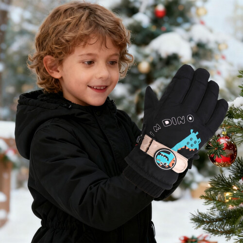Dinosaur Print Ski Gloves for Teens Cotton-Filled 1