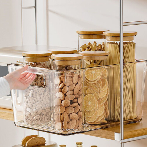 Home Organization Storage Bin, Clear Design Plastic Containers with Handle for Pantry Kitchen Bathroom Office, Clear View and Stackable Multi-Purpose 1
