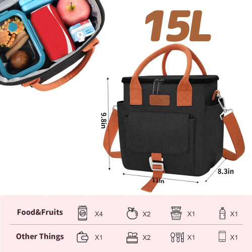 Sac à lunch isotherme noir grand format, étanche et ajustable 2