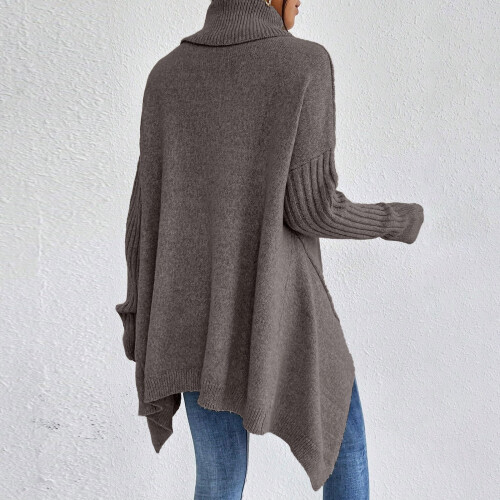 Dame efterårs- og vintertrøje med høj hals og asymmetrisk kant 1