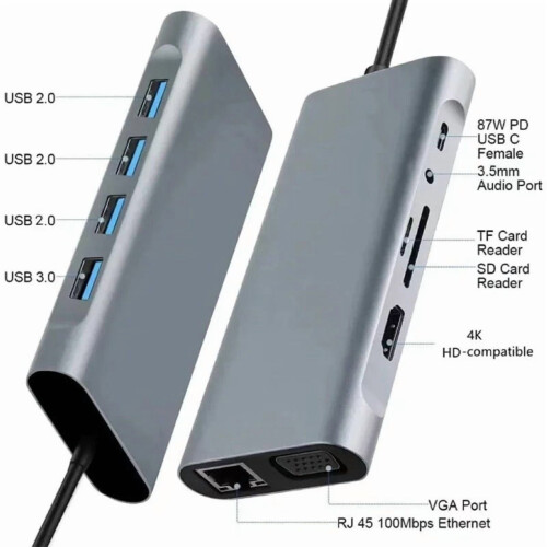 Διανομέας USB3.0 11 σε 1, Διαχωριστής προσαρμογέα Type-C σε USB, Αναγνώστης καρτών VGA, 2