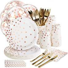 Event Decoration Supplies, Elegant Party Dinnerware Sets Complete With Heavy Duty Rose Gold Cutlery And Polka Dot Pattern Tableware