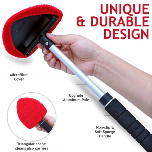 Windshield Cleaner Tool with Handle, Pivoting Triangular Head & 3 Washable Microfiber Bonnets – Compatible with Cars & Home 2