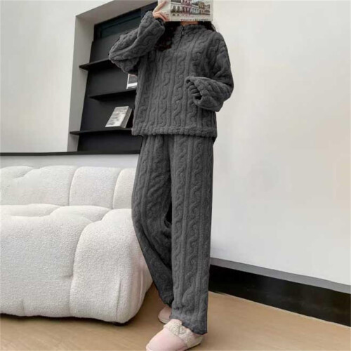 Damen-Fleece-gefütterter Pyjama, dunkelgrau, langärmelig 1