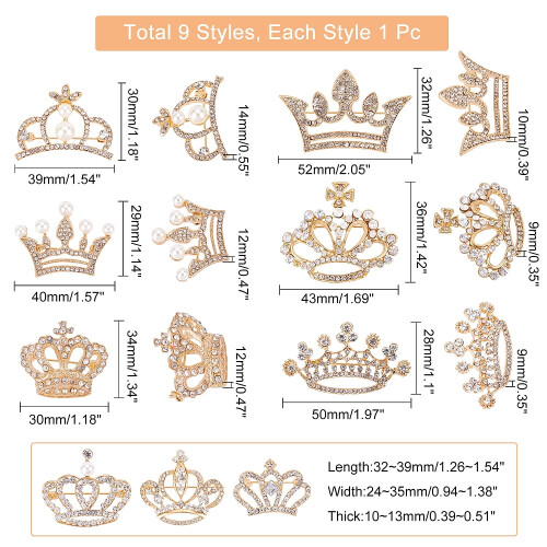 Broches couronne en strass, or clair, 9 pièces 1