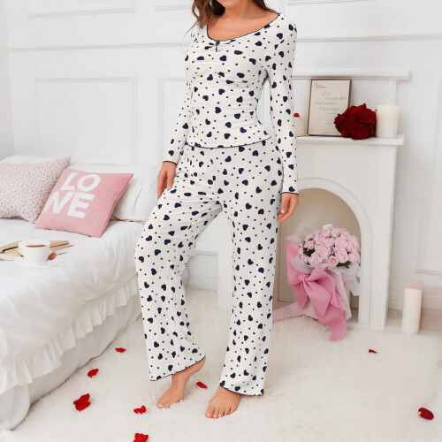 Dame pyjamassæt med hjerteprint, sort XL 1