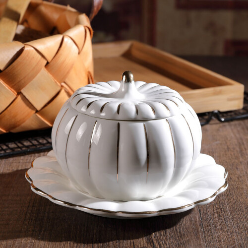 1Set White Ceramic Pumpkin Bowl with Lid Multi-Use Soup Stew Container 2