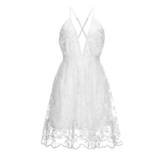 (White, XL) Abito da donna con scollo a V, schiena scoperta, pizzo floreale, spalline sottili, abiti casual, elegante, mini abito da festa in pizzo