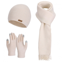 (Beige Three Piece Set) Set di guanti e sciarpa invernali da donna in maglia spessa, compatibili con touch screen, caldi