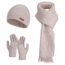 (Oatmeal Three Piece Set) Set di guanti e sciarpa invernali da donna in maglia spessa, compatibili con touch screen, caldi