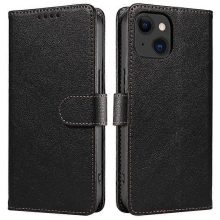 (Black) Étui portefeuille en cuir texturé litchi compatible avec iPhone 15 Plus, protection RFID et support.