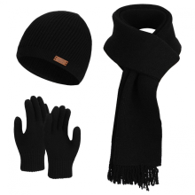 (Black Three Piece Set) Set di guanti e sciarpa invernali da donna in maglia spessa, compatibili con touch screen, caldi