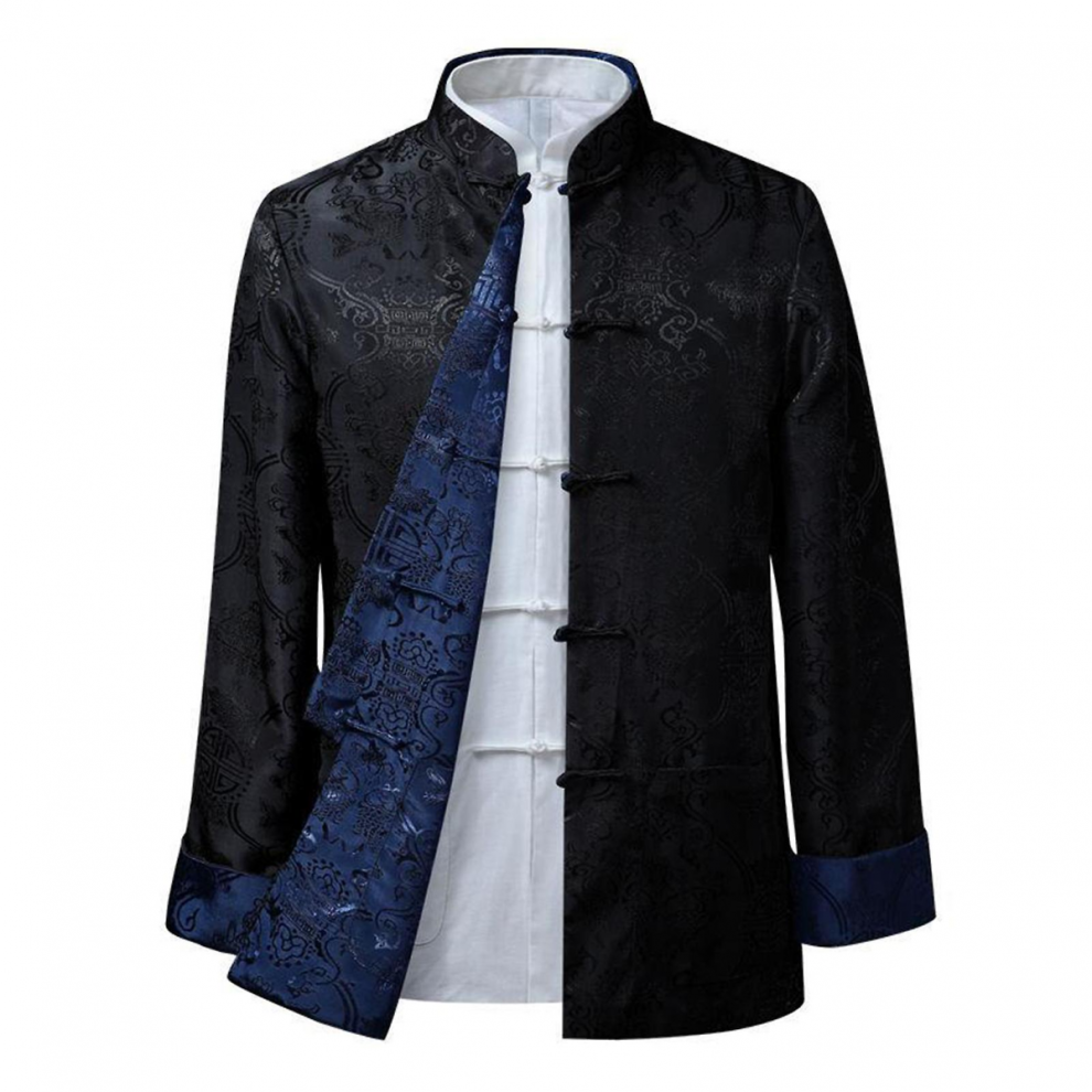 (Black Blue, S) Tang Anzugmantel Retro Langarm Wendbar Traditionelle chinesische Kleidung Hält warm Stehkragen Vintage Chinesisches Hemd