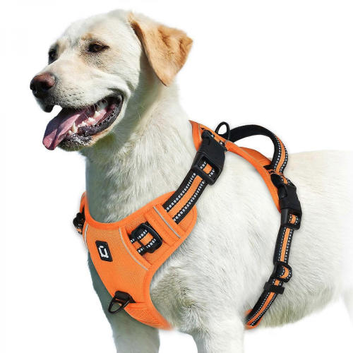 (Orange, L) No Pull Dog Harness, Adjustable Soft Padded Pet Vest with Easy Control Handle